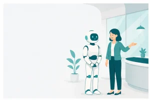 受付で案内するヒューマノイドロボットとスタッフ