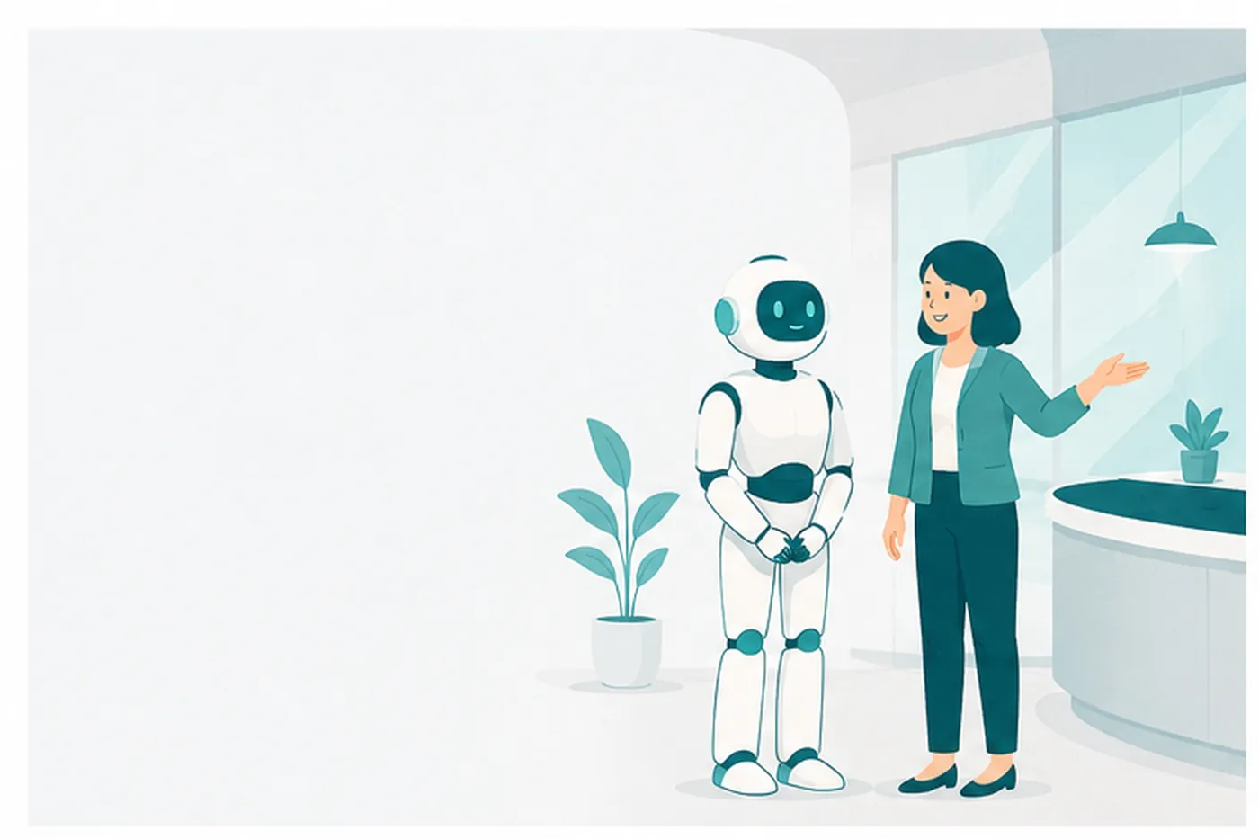 受付に立つヒューマノイドロボットと案内する女性スタッフ