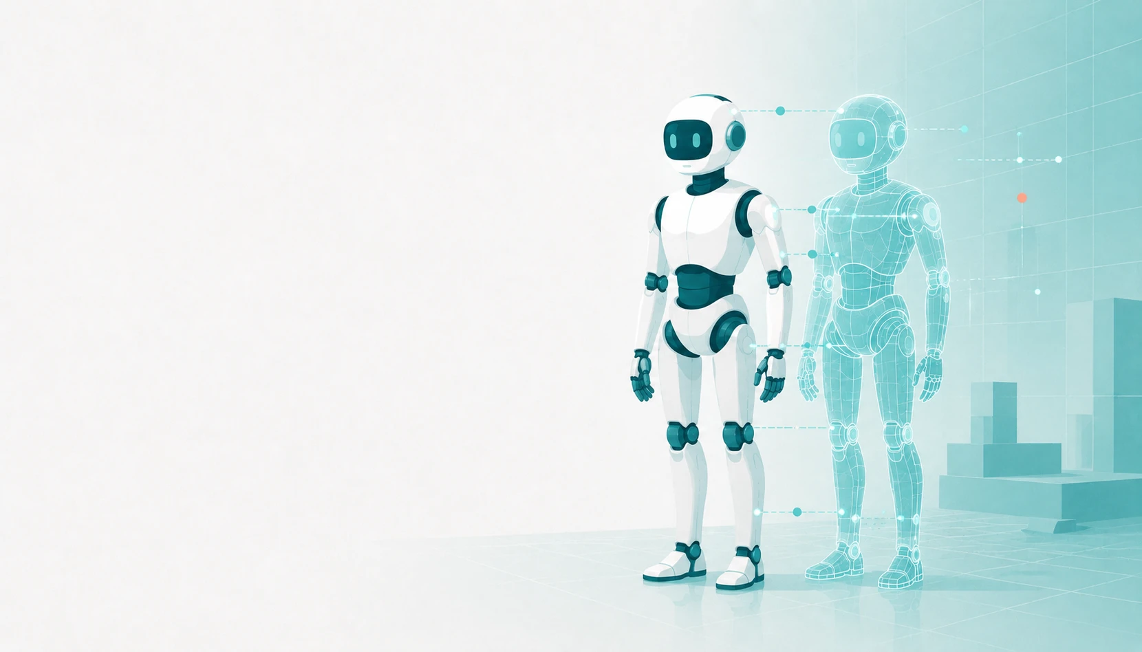 現実のロボットとワイヤーフレームのデジタルツインが並ぶ様子