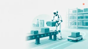 食品工場と物流倉庫でヒューマノイドロボットが搬送・ピッキングを行う様子を示す抽象イラスト