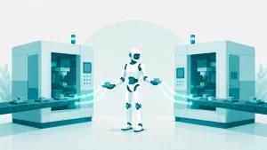 自動車部品の製造ラインでヒューマノイドロボットがマシンテンディングを行う様子の抽象イラスト