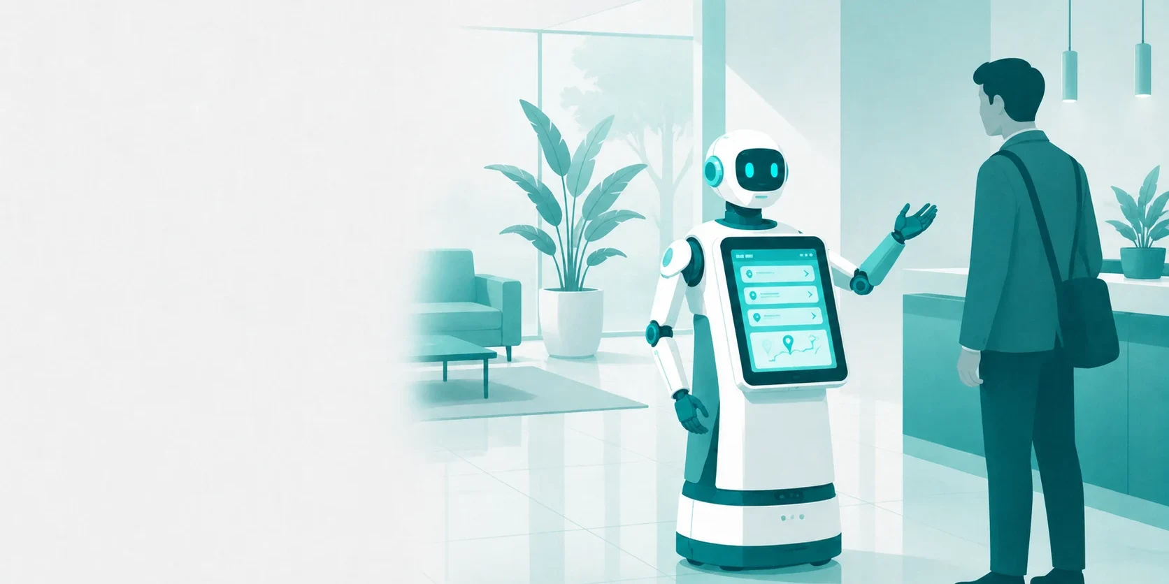 受付ロボットが来訪者に挨拶し案内している様子のイラスト