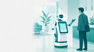受付ロボットが来訪者に挨拶し案内している様子のイラスト