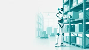 物流倉庫でヒューマノイドロボットが棚から商品をピッキングしている様子のイラスト