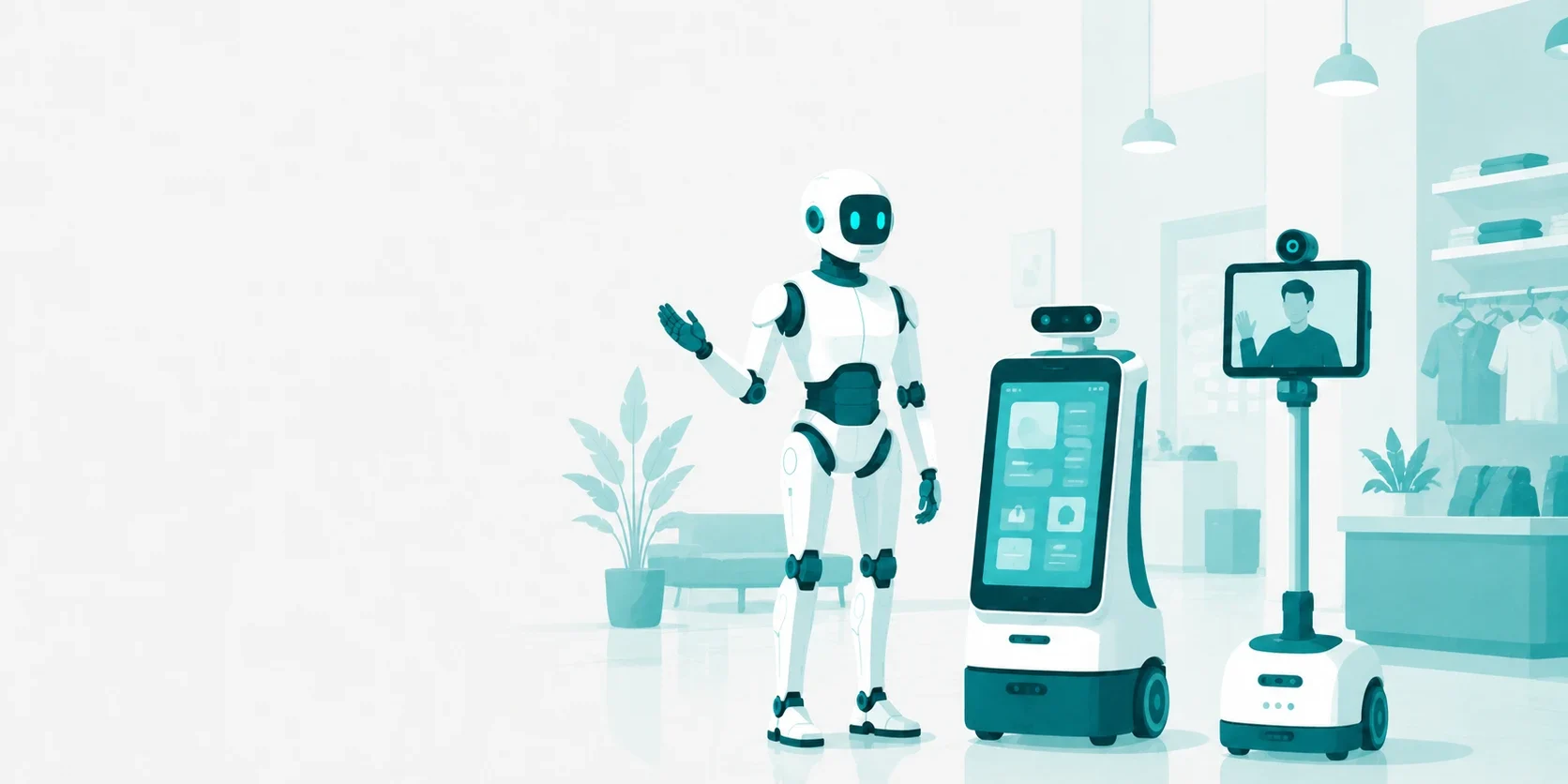 article27_service-robot-3types ヒューマノイド型・移動型・テレプレゼンス型の3種類の接客ロボットが並ぶイラスト