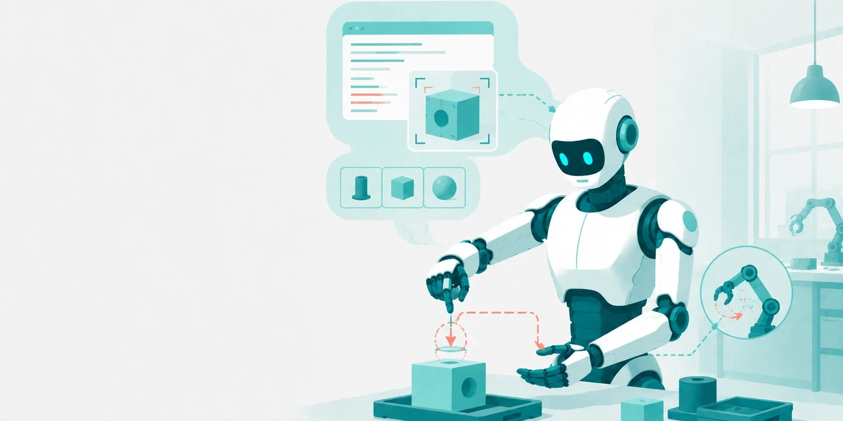 ヒューマノイドロボットの頭部に言語モデルと視覚モデルのアイコンが接続されている様子のイラスト