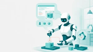 ヒューマノイドロボットの頭部に言語モデルと視覚モデルのアイコンが接続されている様子のイラスト