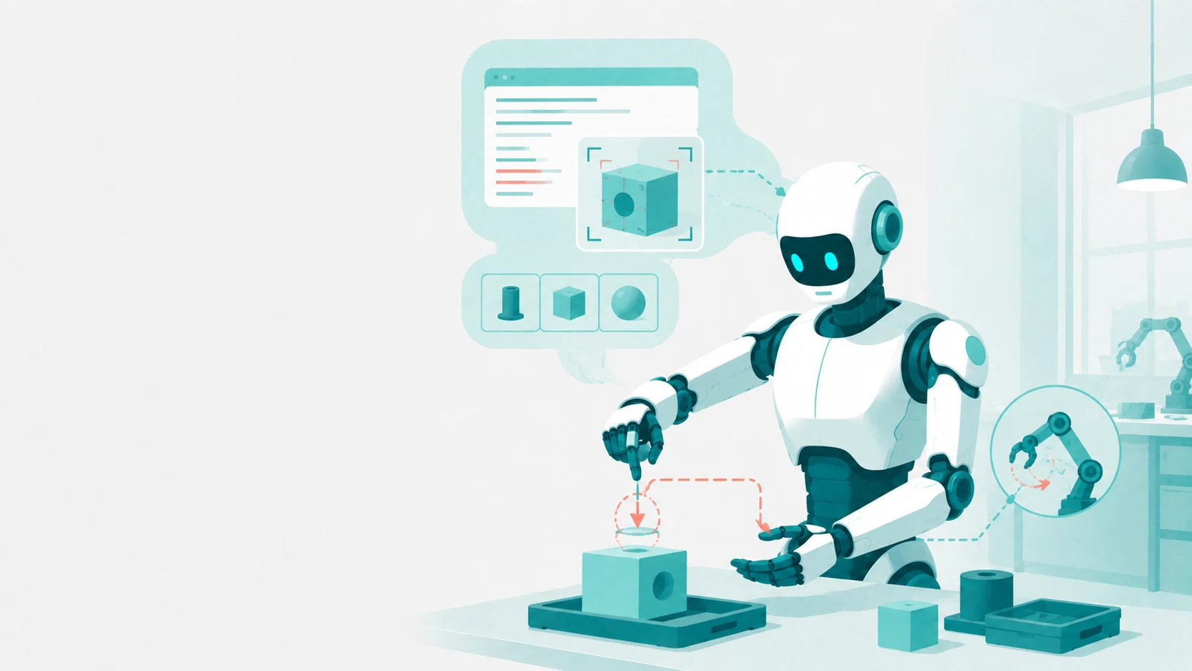 ヒューマノイドロボットの頭部に言語モデルと視覚モデルのアイコンが接続されている様子のイラスト