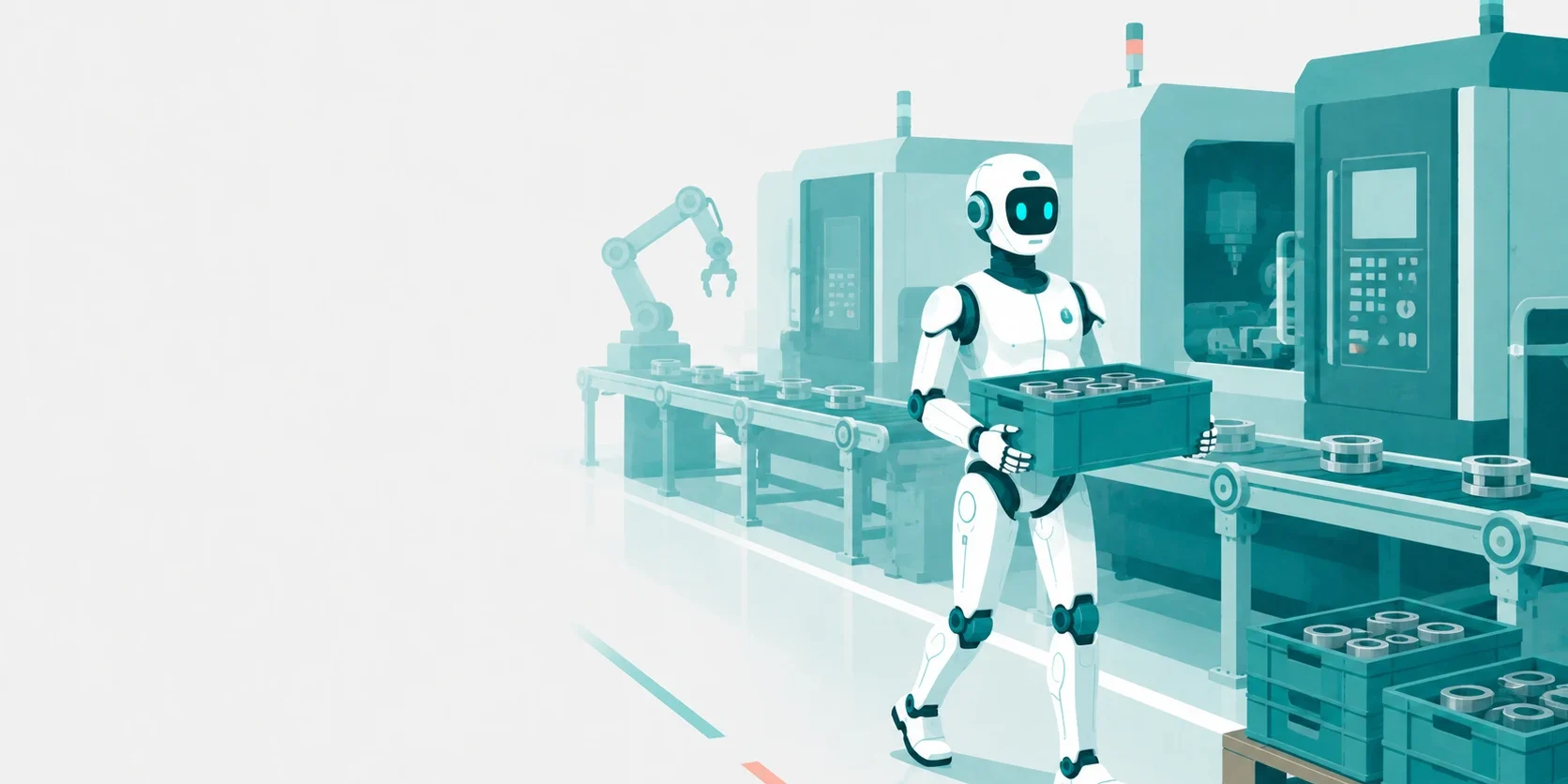 製造ラインでヒューマノイドロボットが部品を運搬している様子のイラスト