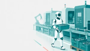 製造ラインでヒューマノイドロボットが部品を運搬している様子のイラスト