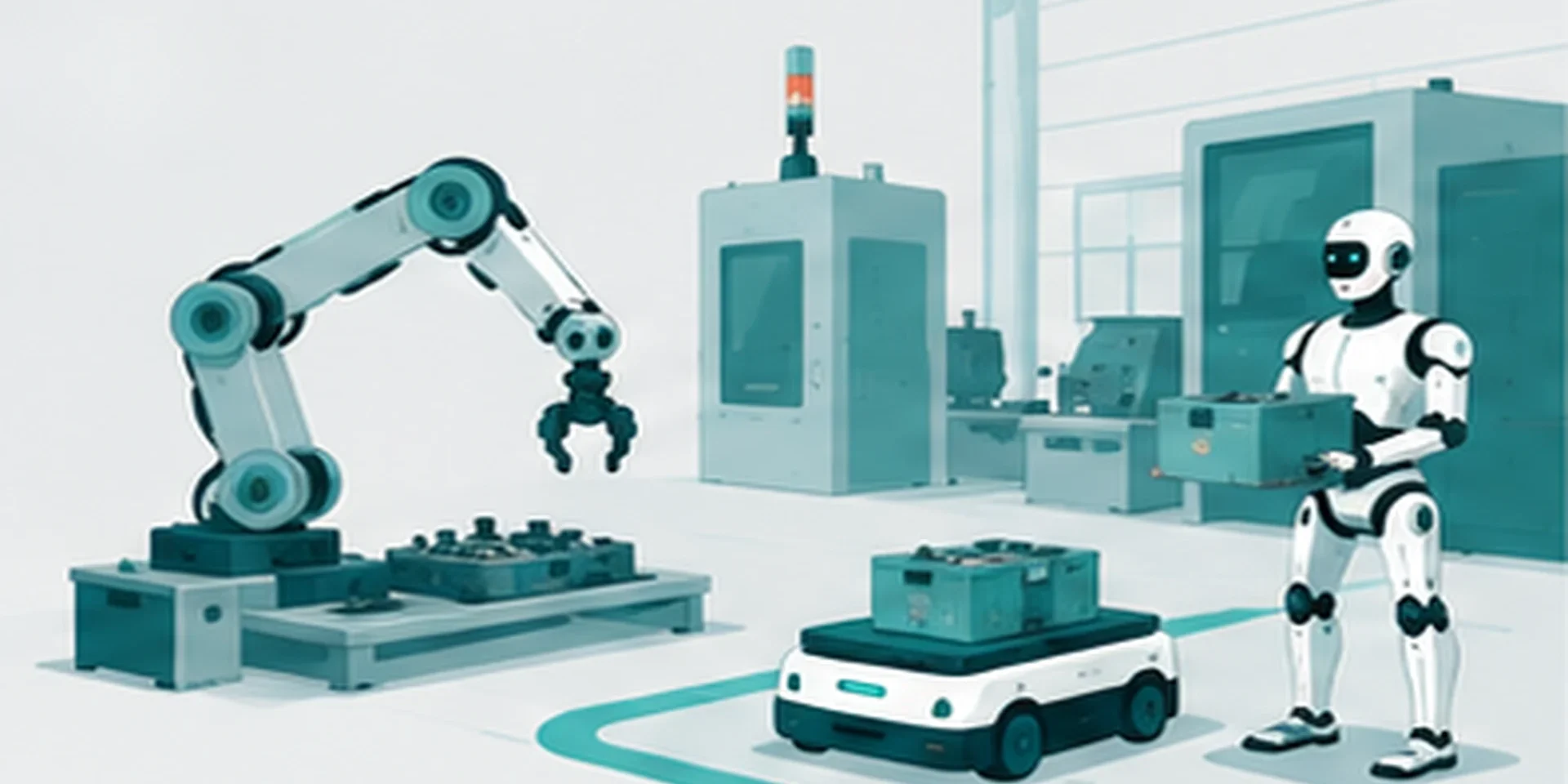 製造現場で協働ロボット・AMR・ヒューマノイドロボットが役割分担して働いている様子のイラスト