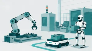 製造現場で協働ロボット・AMR・ヒューマノイドロボットが役割分担して働いている様子のイラスト