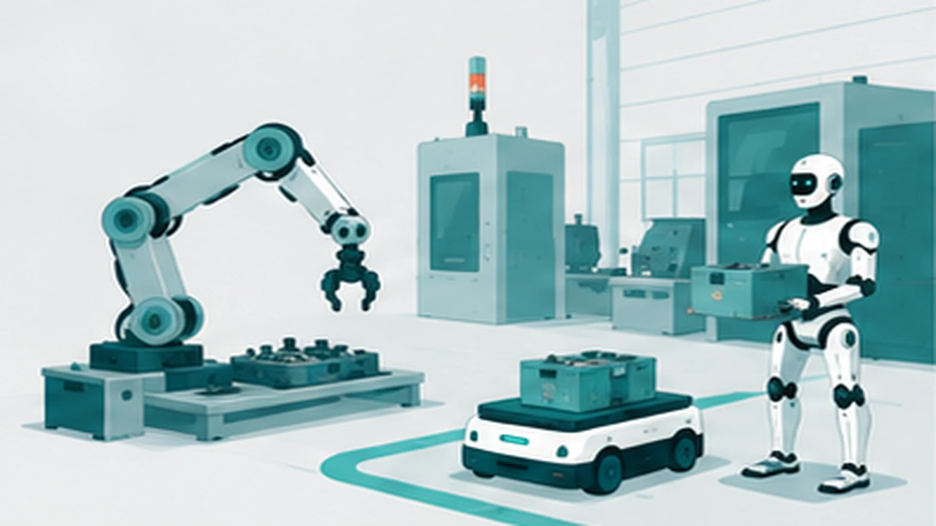 製造現場で協働ロボット・AMR・ヒューマノイドロボットが役割分担して働いている様子のイラスト