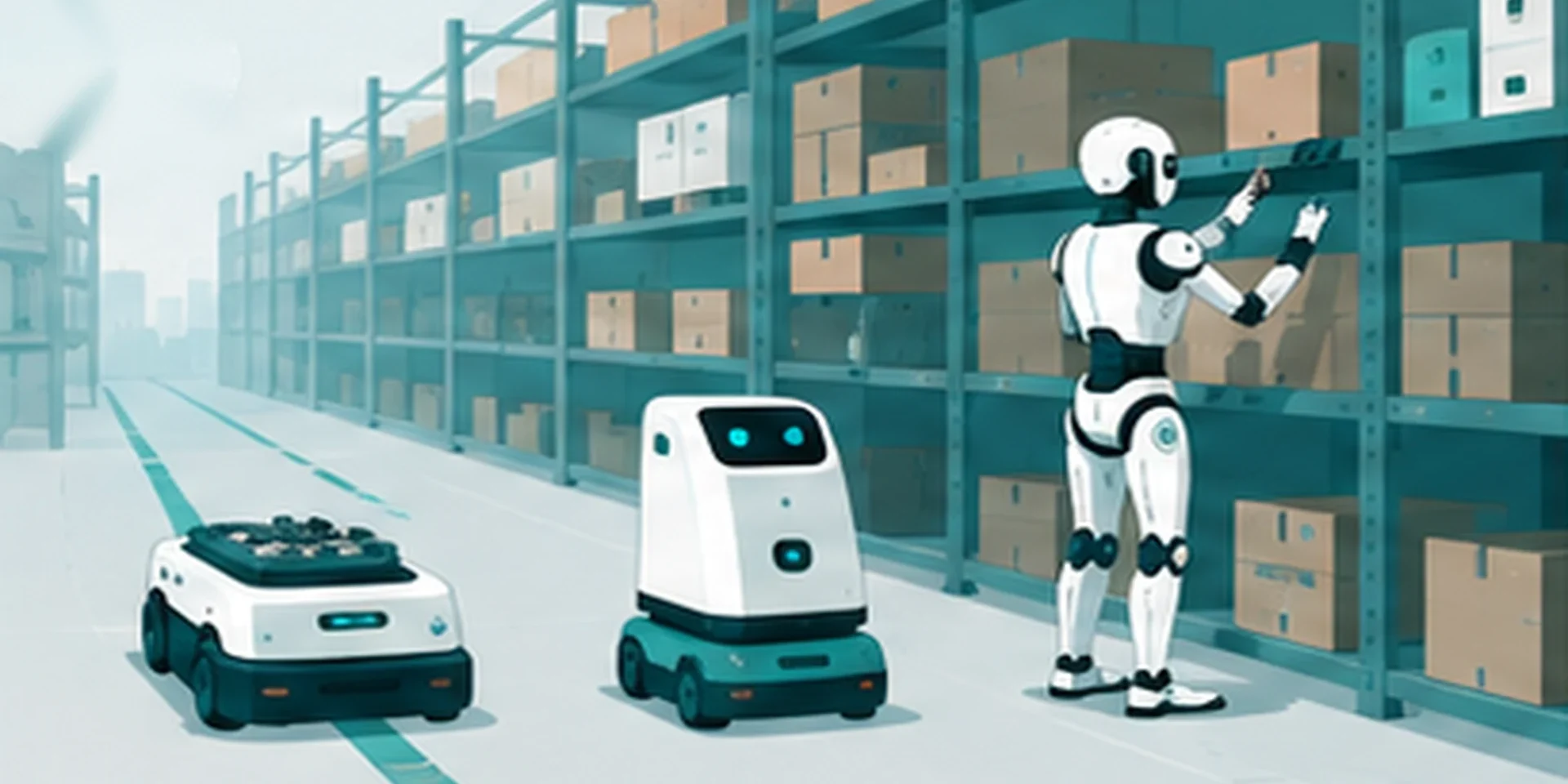倉庫内でAGV・AMR・ヒューマノイドロボットがそれぞれ異なる作業をしている様子のイラスト