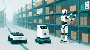 倉庫内でAGV・AMR・ヒューマノイドロボットがそれぞれ異なる作業をしている様子のイラスト