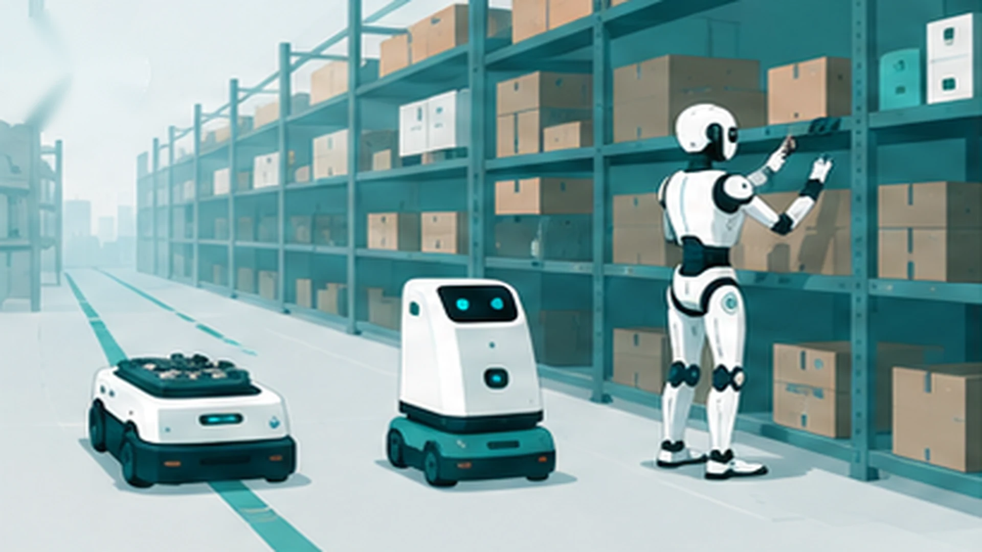 倉庫内でAGV・AMR・ヒューマノイドロボットがそれぞれ異なる作業をしている様子のイラスト