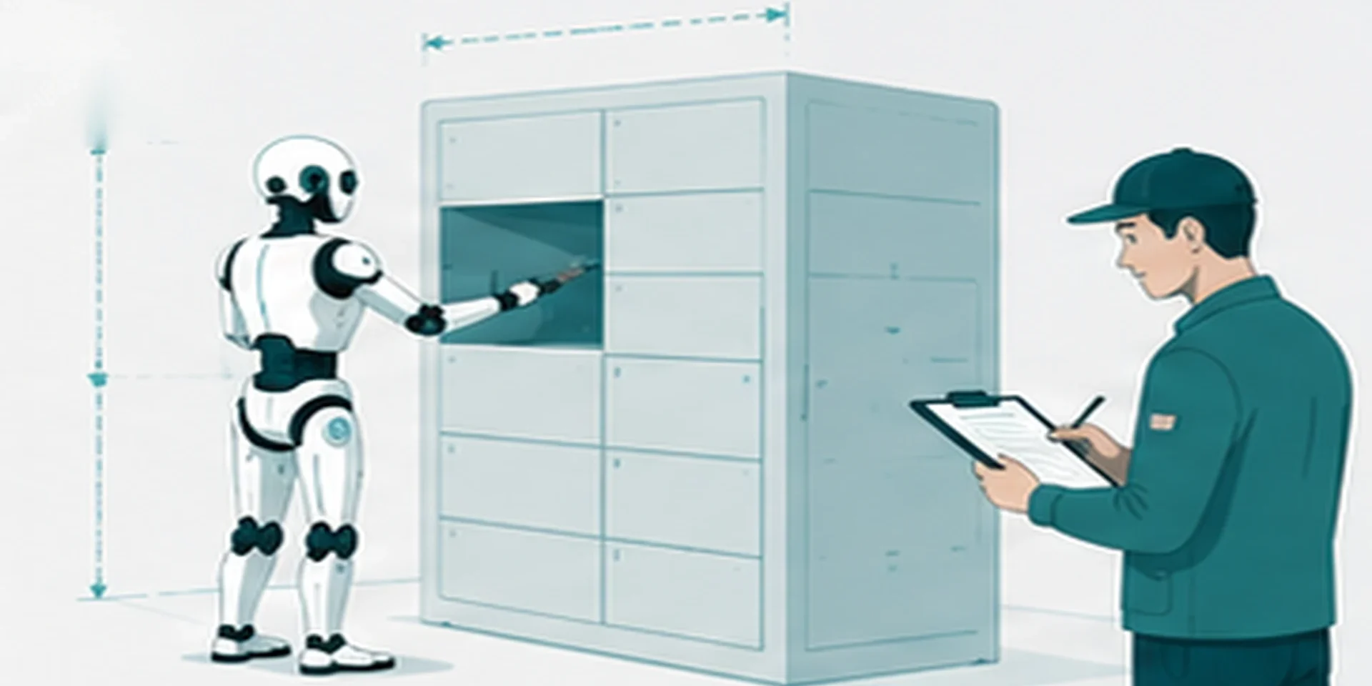 ヒューマノイドロボットのPoC検証で寸法測定と記録を行っている様子のイラスト