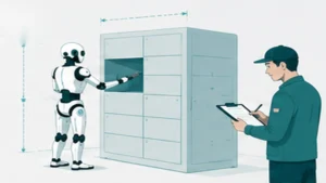 ヒューマノイドロボットのPoC検証で寸法測定と記録を行っている様子のイラスト