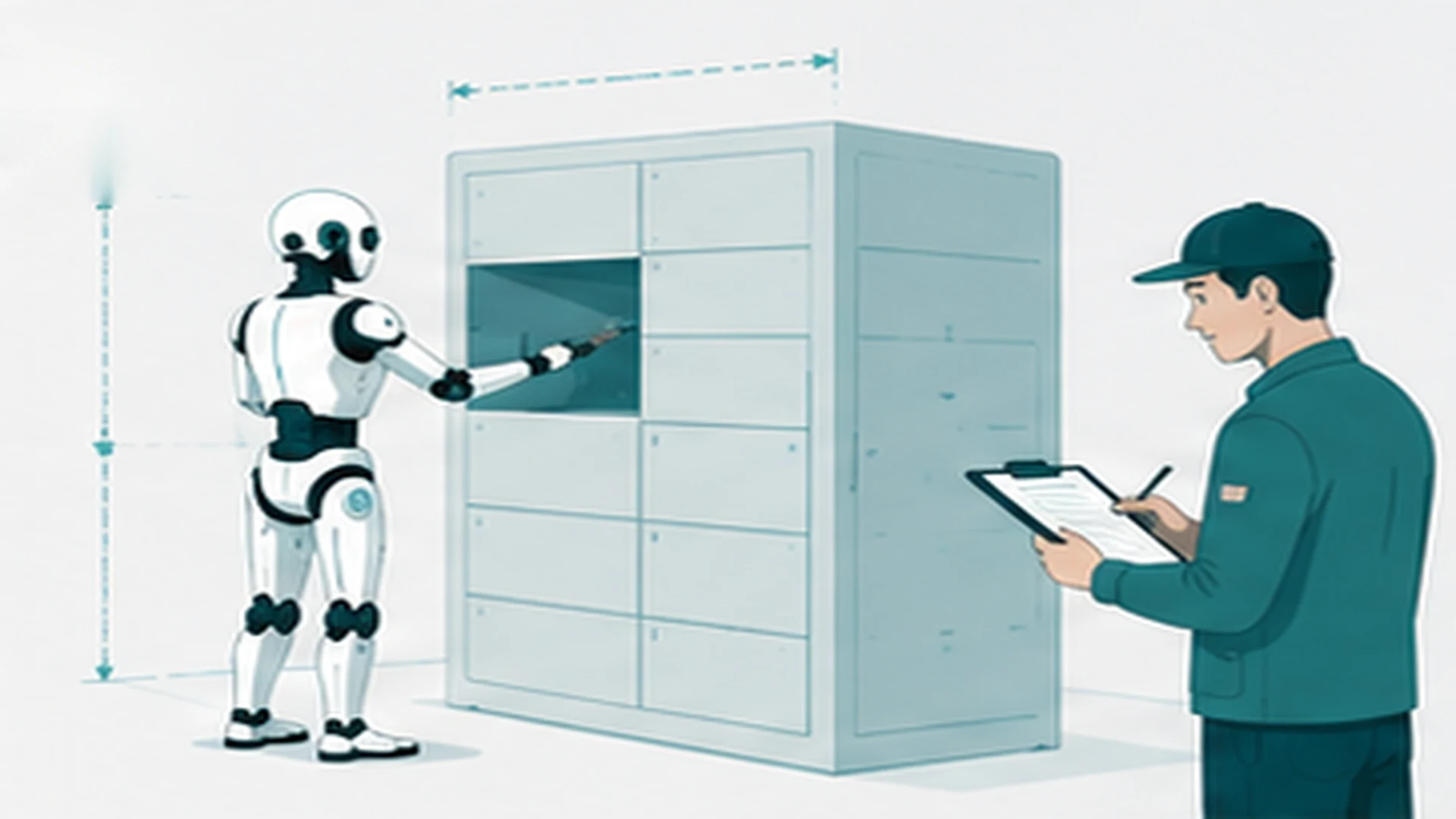 ヒューマノイドロボットのPoC検証で寸法測定と記録を行っている様子のイラスト