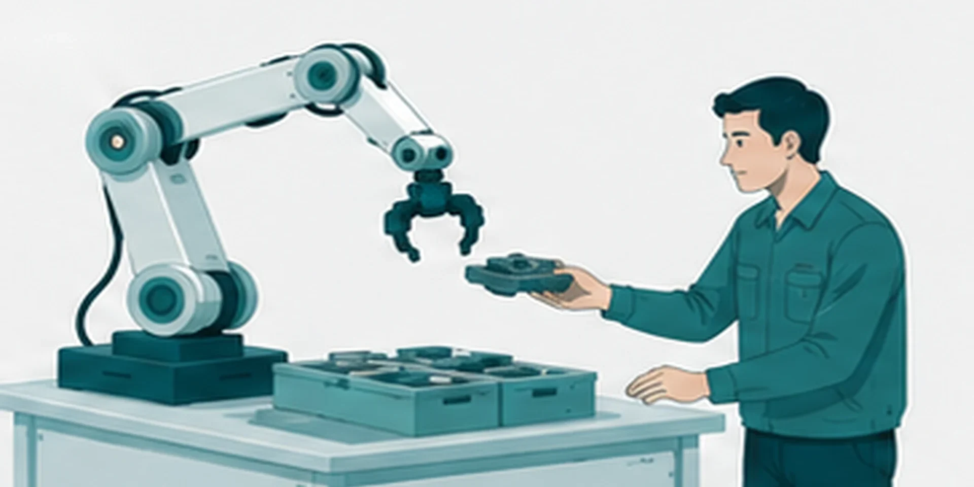 協働ロボットが人と同じ作業台で並んで作業している様子のイラスト