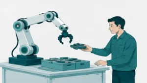 協働ロボットが人と同じ作業台で並んで作業している様子のイラスト