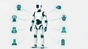 ヒューマノイドロボットの全身にセンサーの位置を示すアイコンが配置されているイラスト