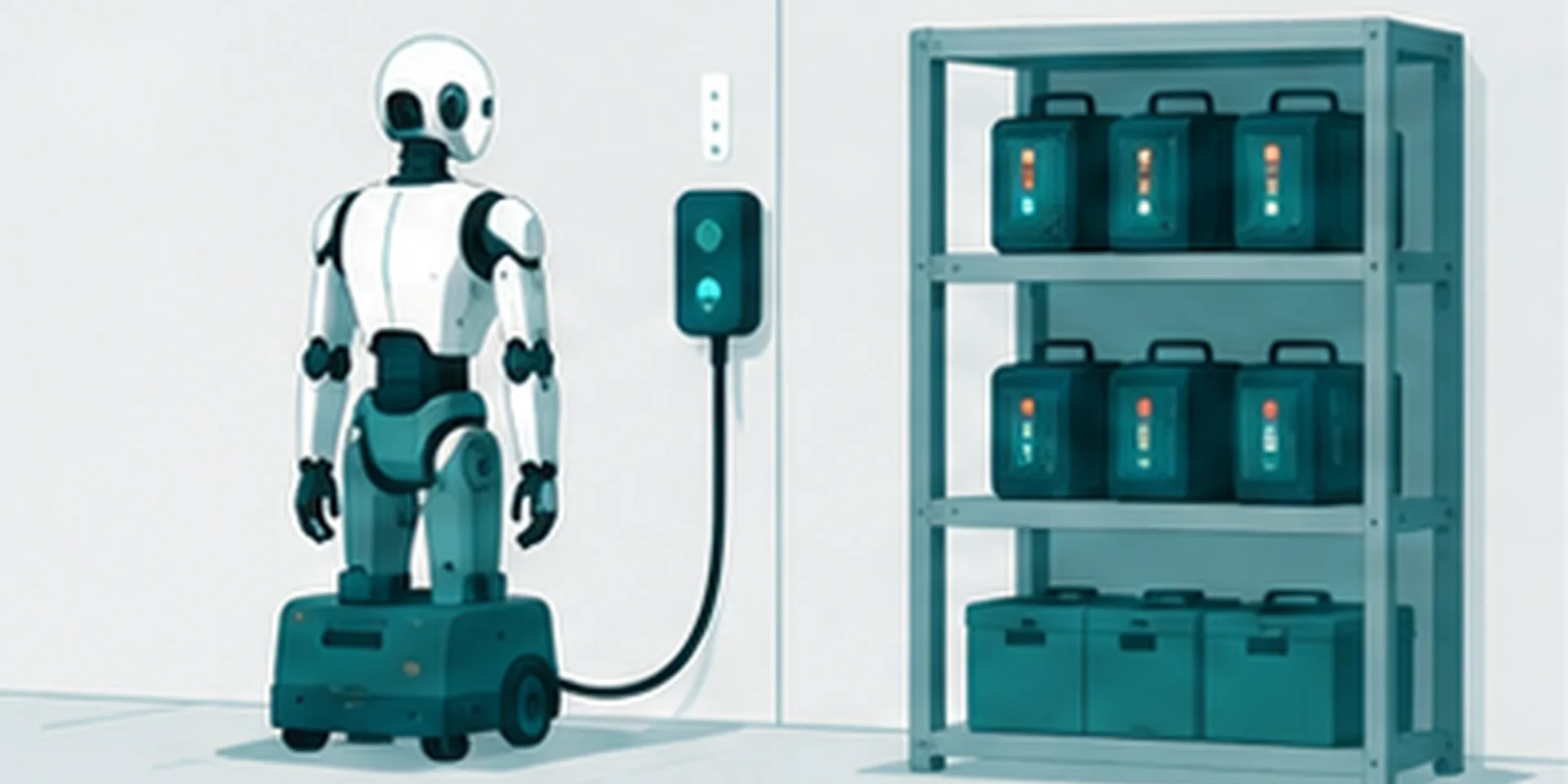 article40_battery-runtime-planning ヒューマノイドロボットが充電ステーションとバッテリー交換ステーションの間に立っているイラスト