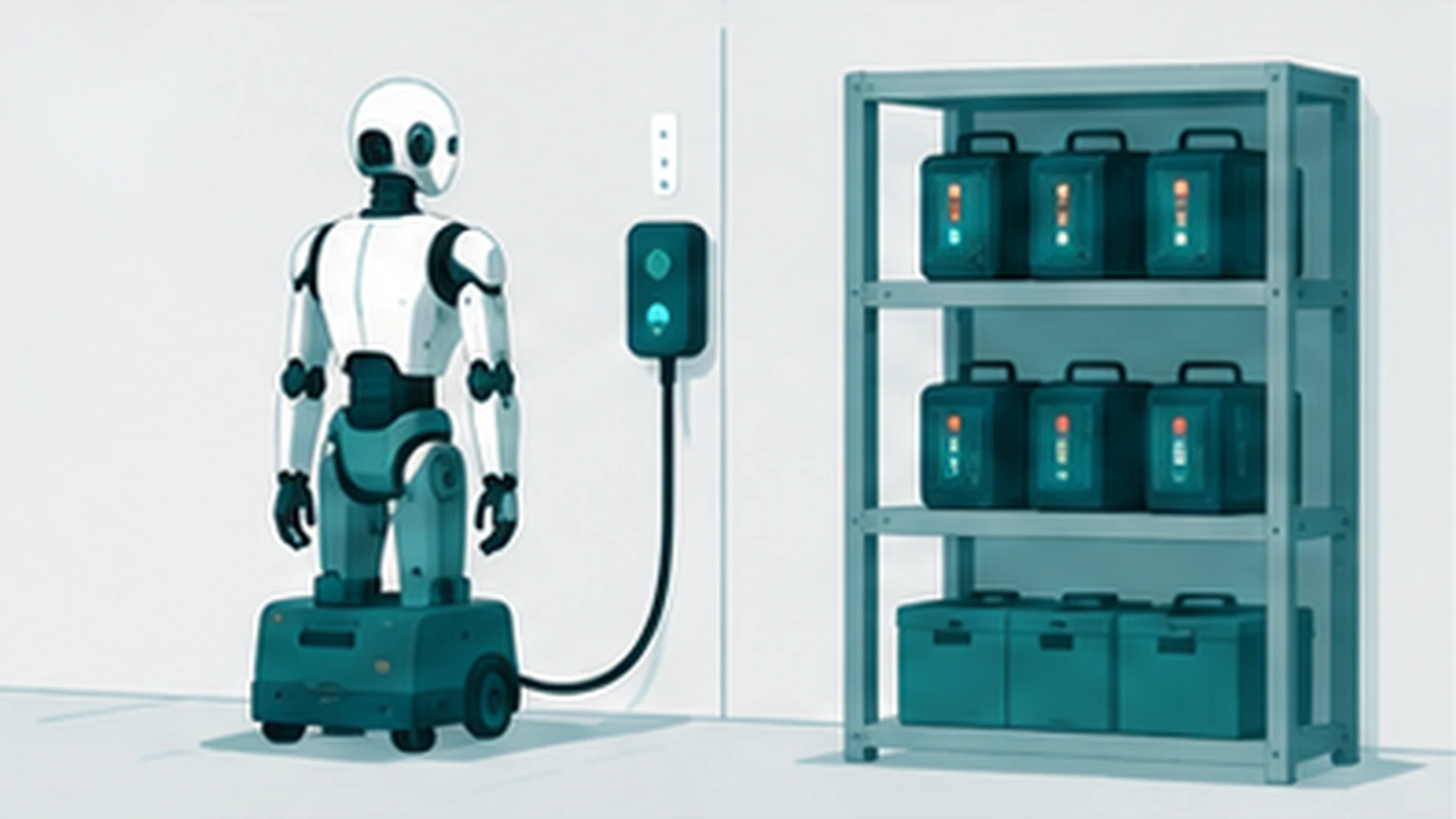ヒューマノイドロボットが充電ステーションとバッテリー交換ステーションの間に立っているイラスト
