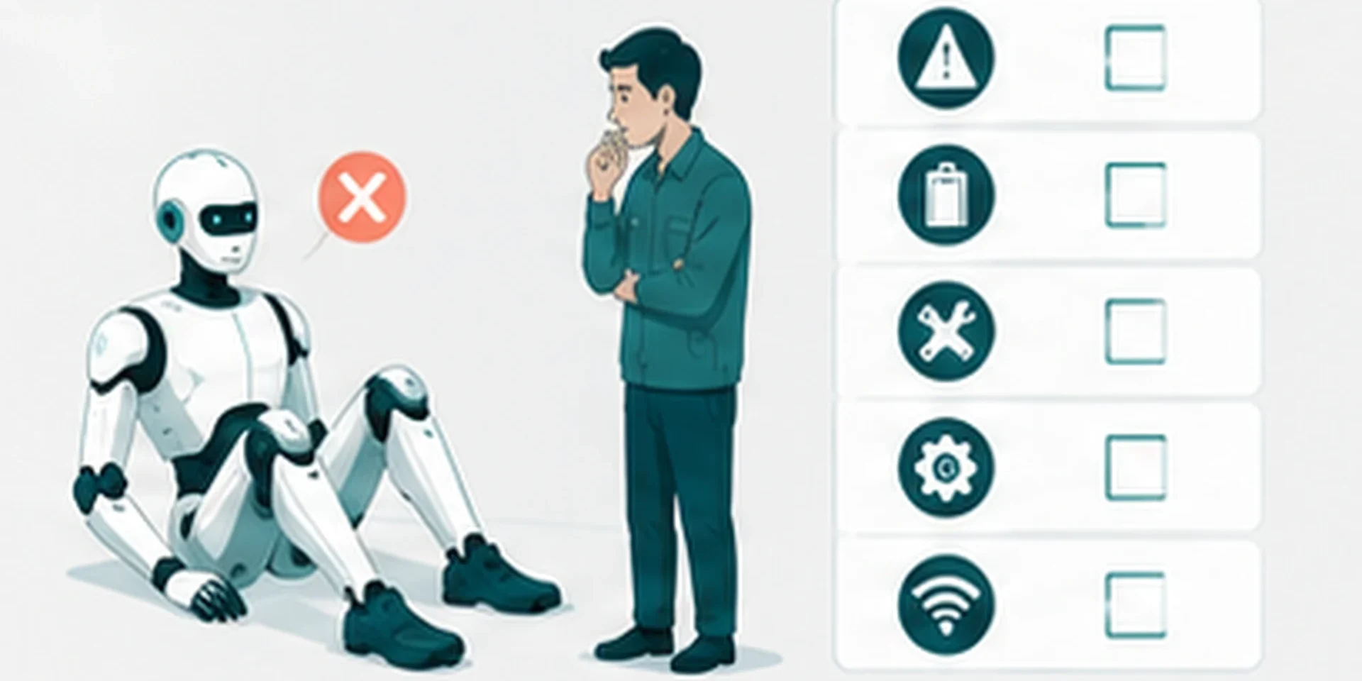 article41_common-failure-patterns ロボット導入プロジェクトの失敗パターンをチェックリストで確認している様子のイラスト