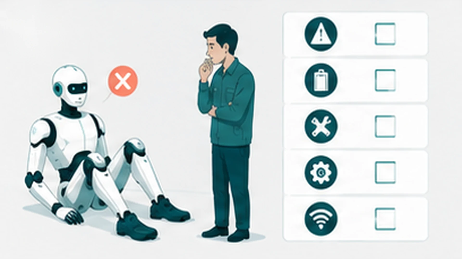 ロボット導入プロジェクトの失敗パターンをチェックリストで確認している様子のイラスト