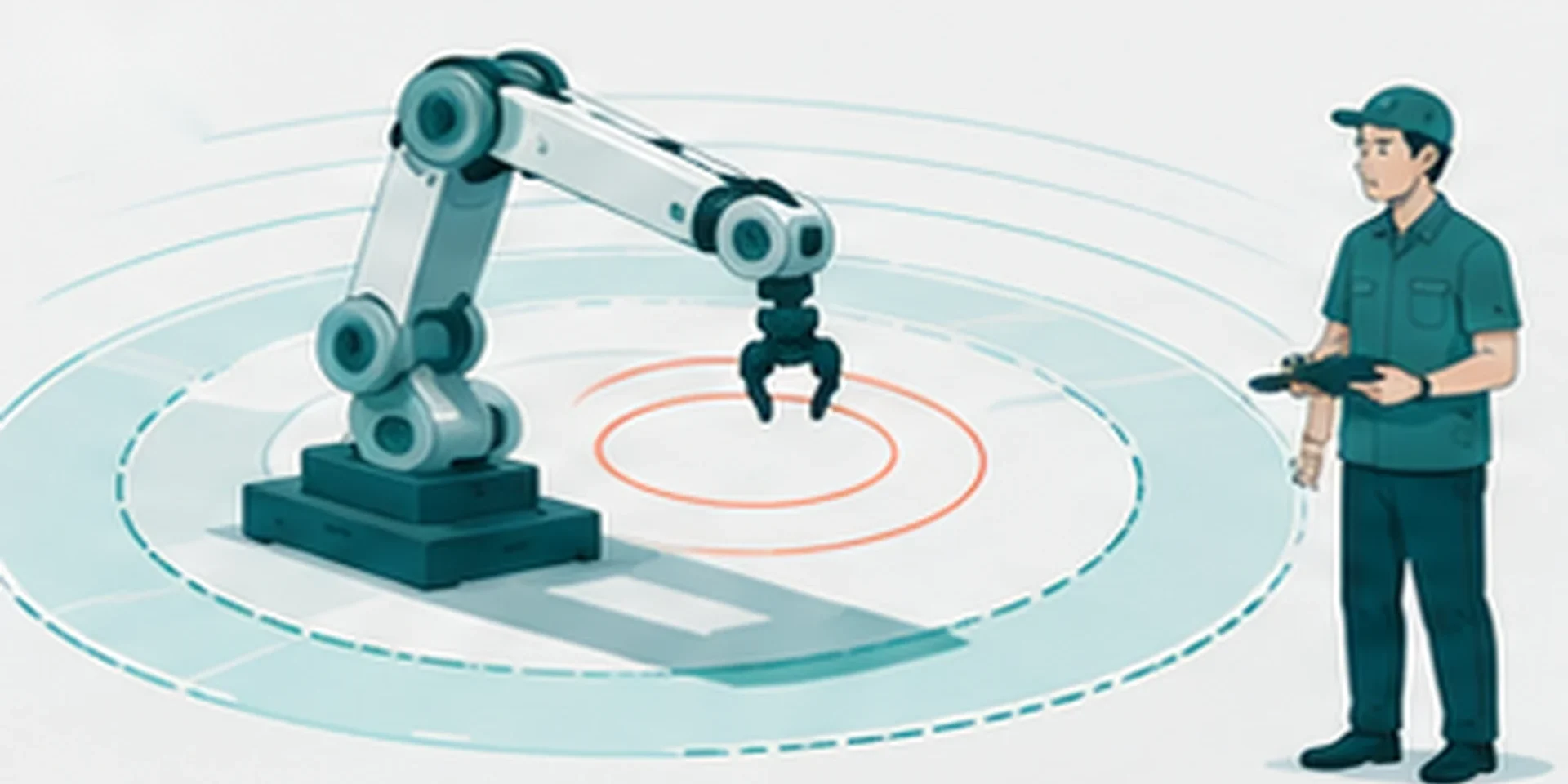 article42_cobot-safety-standards 協働ロボットと人が同じ空間で作業し、安全センサーの範囲が示されているイラスト
