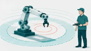 協働ロボットと人が同じ空間で作業し、安全センサーの範囲が示されているイラスト