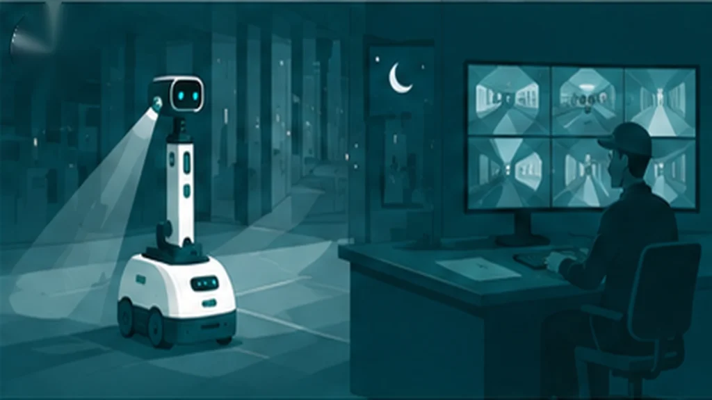 夜間の施設を巡回警備ロボットが巡回している様子のイラスト