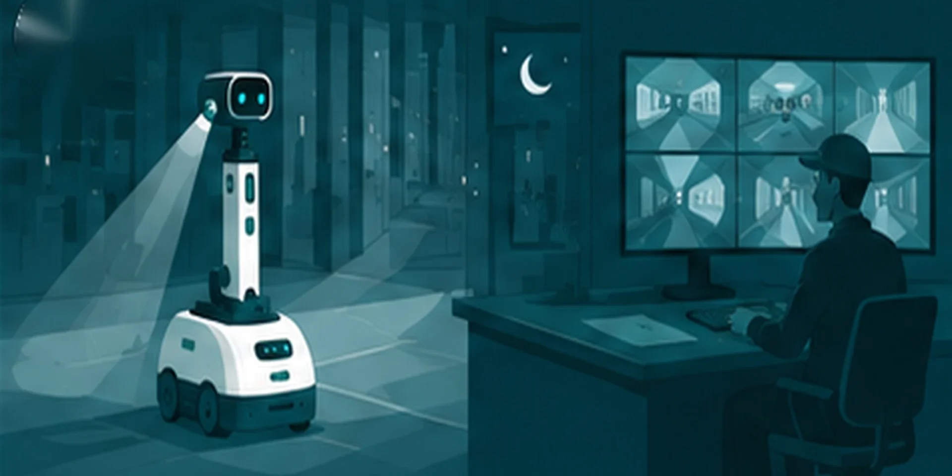 article43_security-patrol-robot-guide 夜間の施設を巡回警備ロボットが巡回している様子のイラスト