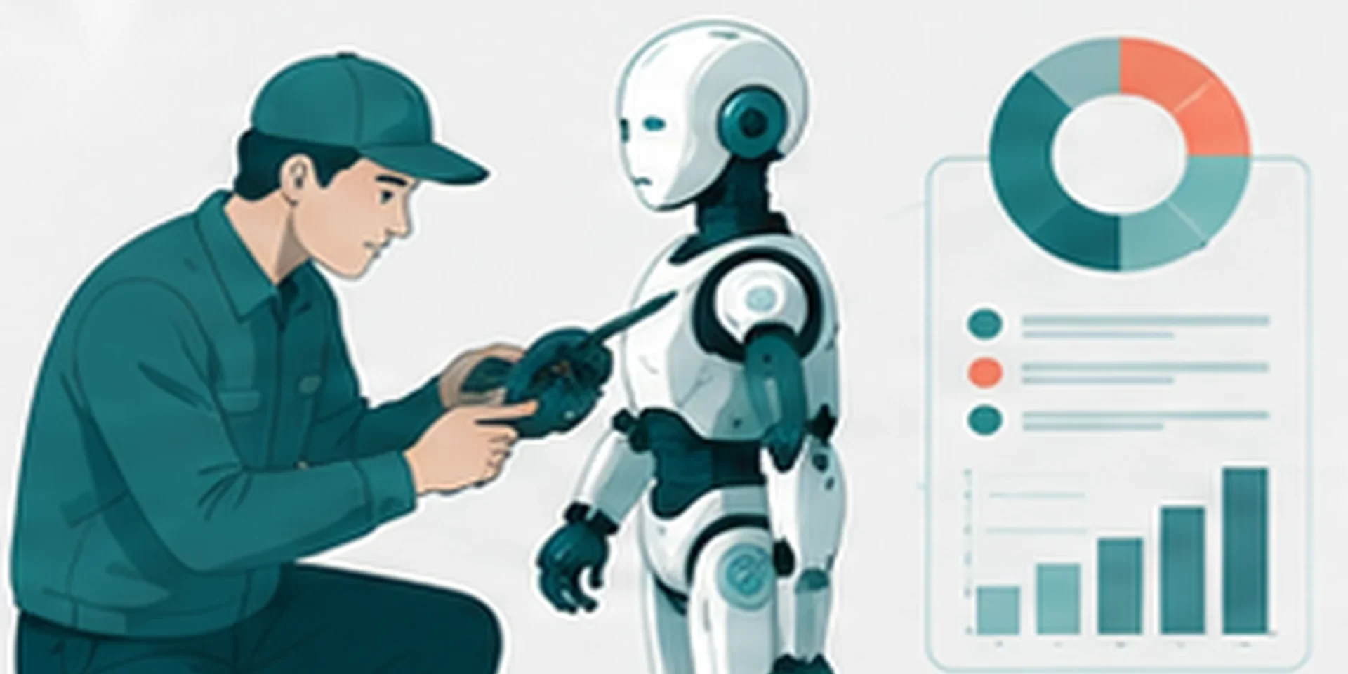 ロボットの保守費用の内訳を示す書類とヒューマノイドロボットのイラスト