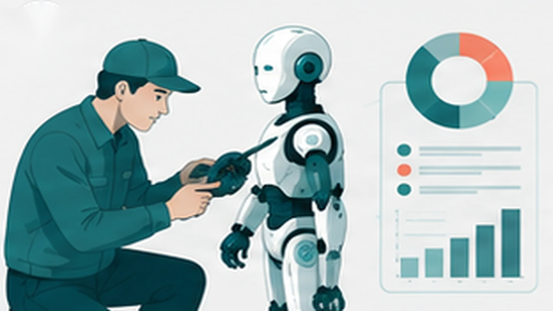 ロボットの保守費用の内訳を示す書類とヒューマノイドロボットのイラスト