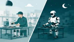 中小規模の工場でヒューマノイドロボットが導入されている様子のイラスト