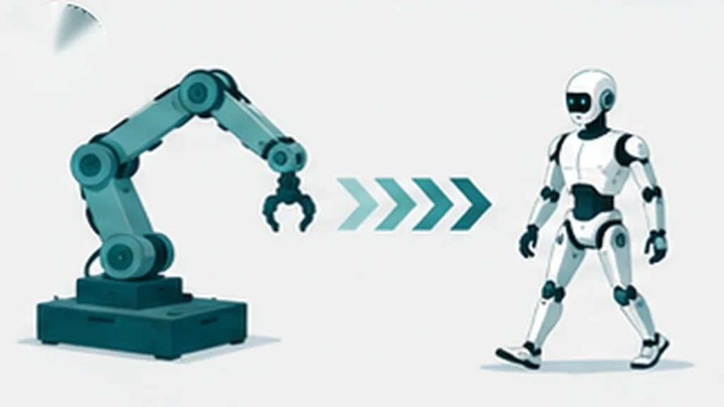 産業用ロボットアームから二足歩行ヒューマノイドへと進化する様子を時系列で示したイラスト