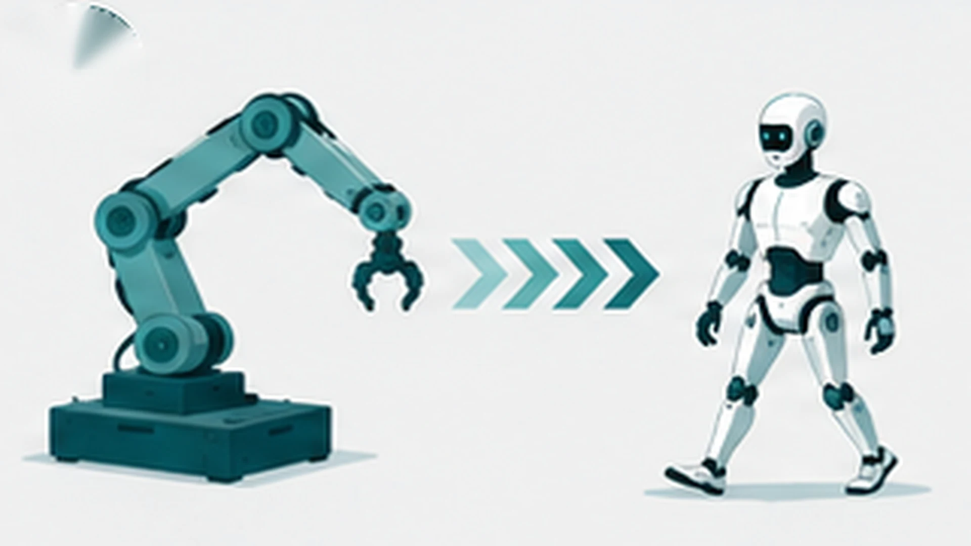 産業用ロボットアームから二足歩行ヒューマノイドへと進化する様子を時系列で示したイラスト