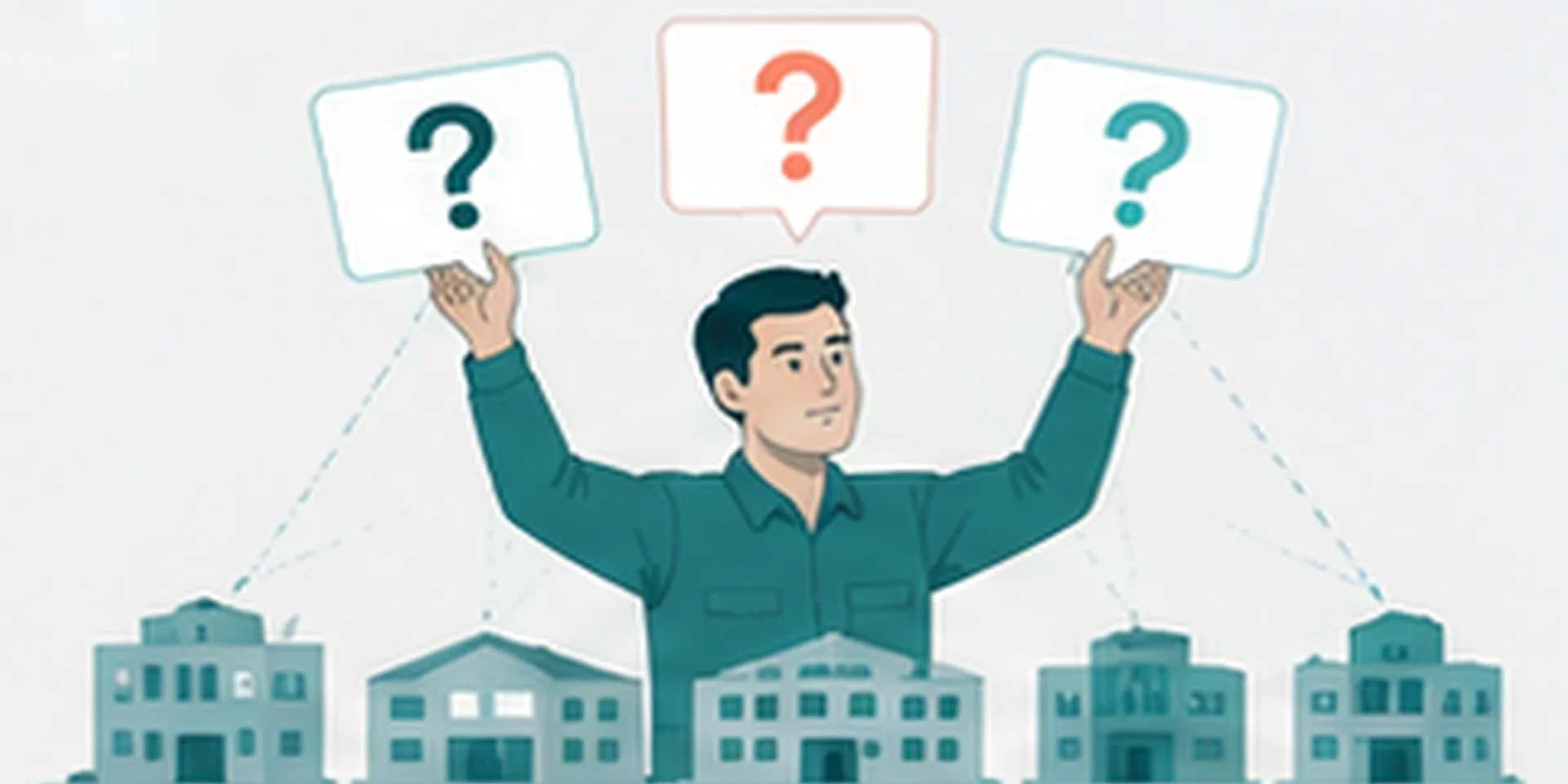 article48_consultation-partner-checklist ロボット導入の相談先候補に3つの質問を投げかけている様子のイラスト